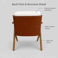 Fauteuil simple en bouclette de qualité supérieure avec structure en bois de frêne massif, revêtement en cuir et accoudoirs en bois pour salon.