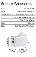 Chargeur USB-A + Type-C double port PD 3.0 30W UK GaN, sortie 5V3A, matériau PC ignifuge, respectueux de l'environnement, protection OTP/OVP
