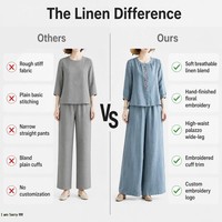 Ensemble deux pièces d'été en coton et lin pour femme, chemisier brodé floral et pantalon palazzo taille haute à jambes larges, tenue décontractée