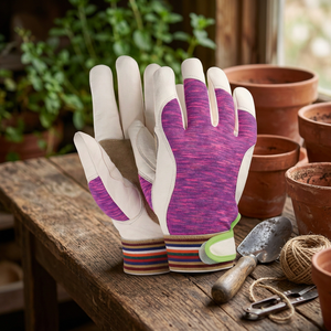 Gants de travail en cuir avec bouts des doigts texturés, bracelet élastique antidérapant, gants de sécurité polyvalents, manchette rayée rose et blanche - Product Image 5