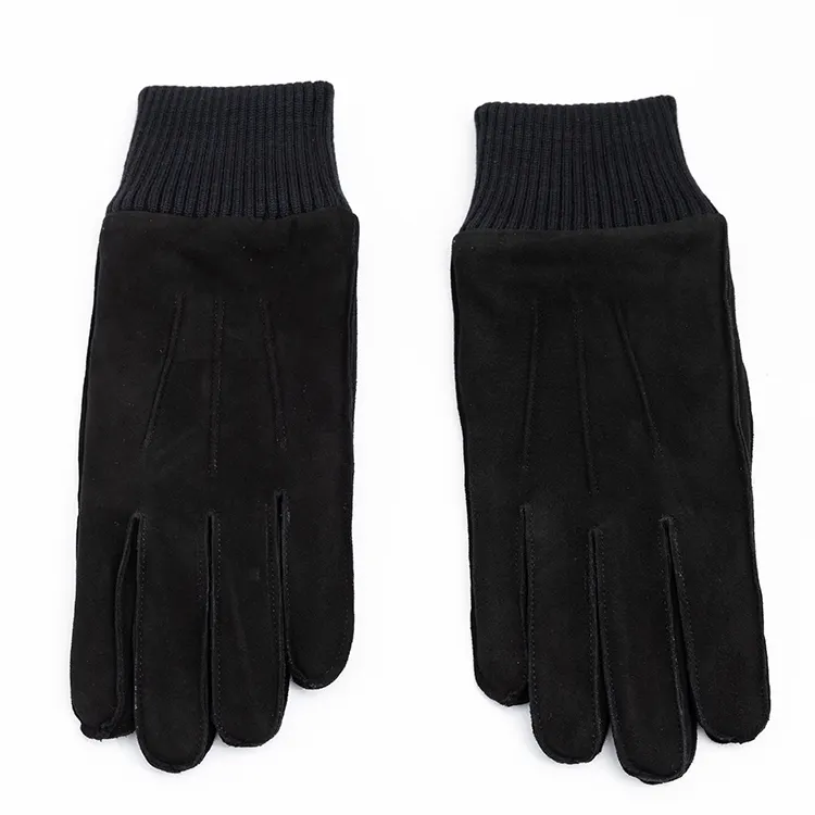 Luvas de inverno masculinas forradas de lã de camurça preta couro touch screen com punhos de malha