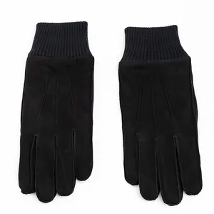 Men Winter Wool Lined Black Suede Leather Touch Screen Gloves With Knit Cuffs