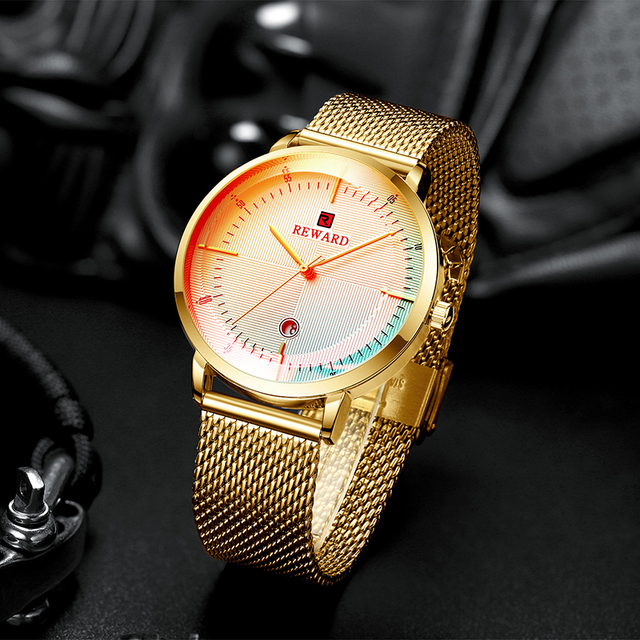 Reward Colorful Laser Changing Glass Men Watch Fashion Men's Stainless Steel Strap Waterproof Sports Quartz Wristwatch