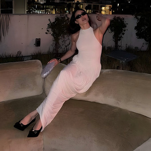 Robe longue pour femme, col rond, taille naturelle, plis, fente, respirante, robe décontractée quotidienne - Product Image 3