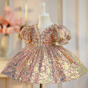 Abito da Principessa per Bambine 2025 Nuovo Vestito da Compleanno con Gonna Voluminosa in Poliestere, Silhouette a Linea A, Motivo con Paillettes, per Esibizioni di Pianoforte - Product Image 2