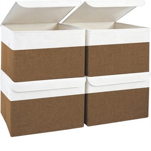 <b>Large</b> 22 Quart Linen Fabric Minimalist Collapsible Foldable Storage <b>Bin</b> Flip-Top Lid Handles 4-Pack Brown White - Product Image 1