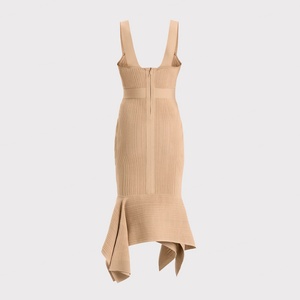 เดรสทรงเอเข้ารูป คอวีลึก ดีไซน์ทันสมัย ผ้าริบถัก ยืดหยุ่น กระชับรูปร่าง สไตล์ลำลอง สำหรับฤดูใบไม้ร่วง สีพื้น ความยาวปานกลาง - Product Image 6