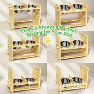 Soporte de madera para tazón de mascotas con altura ajustable para perros y gatos, con tazones de acero inoxidable. - Product Image 1
