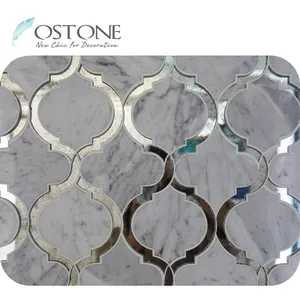 Wave Design And Arabesque Lantern Pattern Antique Mirror Glass Mix Marble Waterjet Mosaic