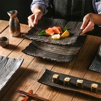 Assiette carrée en céramique japonaise de 9 pouces, vaisselle noire pour plats et assiettes à salade de sushi et de steak