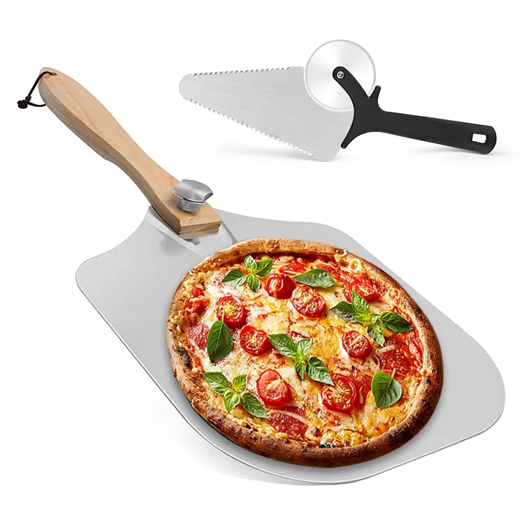 Wholesale Pizza Peel 12 Inch Aluminum Pizza Paddle Shovel With Foldable Wood Handle And Stainless Steel Pizza Cutter Wheel