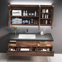 Meuble de salle de bain en bois massif de luxe léger, vasque intégrée en céramique sans joint avec plateau en roche, armoire miroir personnalisable
