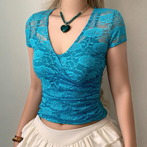 ชุดเซ็ตเสื้อยืดซีทรูแต่งลูกไม้สองชิ้น เสื้อแขนสั้นน้ำหนักเบา สไตล์ลำลองสำหรับผู้หญิง ชุดเลเยอร์ใส่ซ้อนกันได้ ชุดเข้าเซ็ตทรงเข้ารูปสำหรับฤดูร้อน - Product Image 2