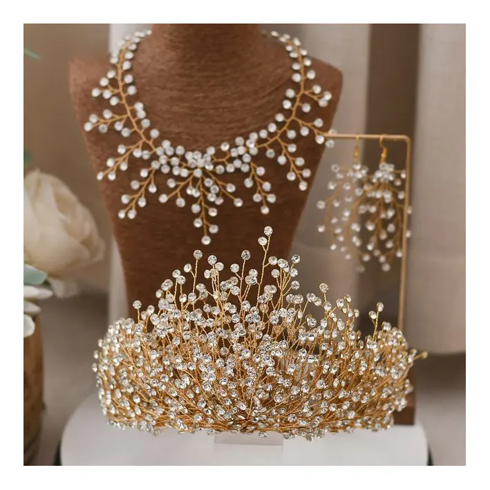 Designer Luxus glänzende Voll kristall Strass Hochzeit Krone handgemachte Festzug Tiara Braut schmuck Set