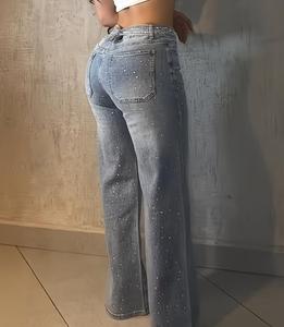 Nouveaux jeans pour femmes de style européen et américain avec design en strass, jeans décontractés avec ceinture, pantalon droit taille haute en stock - Product Image 5