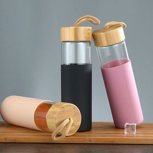 Factory 550Ml Bamboo Lid Glass Water <b>Bottle</b> Silicone Sleeve With Custom Logo - Product Image 3