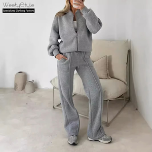 Nuova Collezione 2026: Tuta Casual Vintage da <span class=keywords><strong>Donna</strong></span> Stile Europeo-Americano, Traspirante, Tinta Unita, Felpa a Maniche Lunghe con Zip - Product Image 1