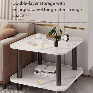 Table <span class=keywords><strong>d</strong></span>'appoint moderne à motif marbre carré, table à 2 niveaux avec pieds en métal robustes, petite table de chevet pour petits espaces - Product Image 2