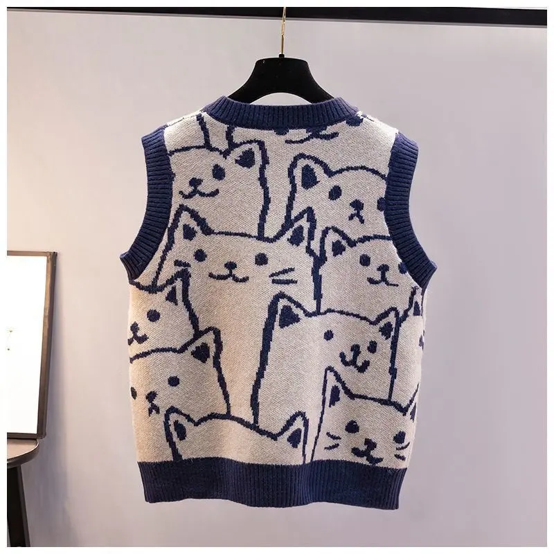 Women Sweater Vest Vintage Knitted Coat V Neck Pullover Cute Sweaters Loose Knit Crop Cartoon Top Womens Vest Fashion Tops