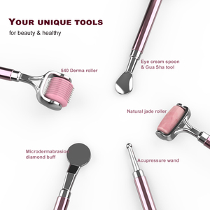 H50 Hot Bán tiktok trên khuôn mặt tự nhiên công cụ <span class=keywords><strong>Set</strong></span> Rose Quartz Con lăn Derma Con Lăn Tẩy tế bào chết Kim Cương Buff Eye Spoon gua SHA Kit - Product Image 2