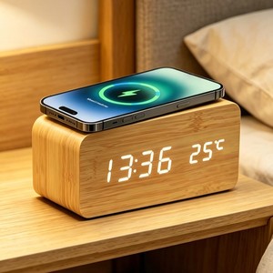 EMAF Promoción Regalo Reloj digital Cargador inalámbrico Teléfono móvil electrónico Pantalla LED Escritorio LED Reloj despertador de madera para el hogar - Product Image 1