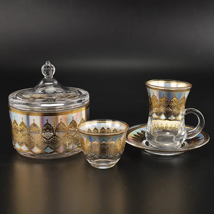 Nouvelles tasses à thé personnalisées en verre, ensemble de tasses à thé turques et à café arabes, soucoupes, vente en gros, 26 pièces