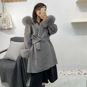 2022 Hot Sale Fashion Winter cashmere Fur Coat Women Hooded Wool Fur Coat with Fox Fur Cuff