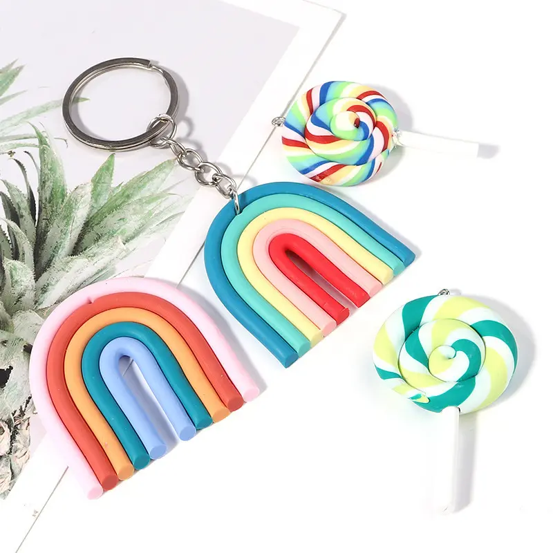 SC Wholesale 10pcs DIY Mobile Phone Keychain Rainbow Color Bag Notebook Keychain Handmade Polymer Clay Key Chain for Women Men