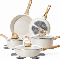 Ensemble de casseroles et poêles multifonctionnelles antiadhésives 8 pièces, poignées en silicone, design granit blanc, compatible induction, passe au lave-vaisselle