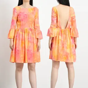Orange Pink Gradient Woven Mini Dress with Flared Sleeve Silk CDC Material Natural Waistline OEM Service Available