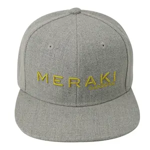 Bulk 6 pannelli personalizzati filo d'oro ricamo 3D cappelli da uomo lana Flat Bill Hemp Grey Snapback Caps