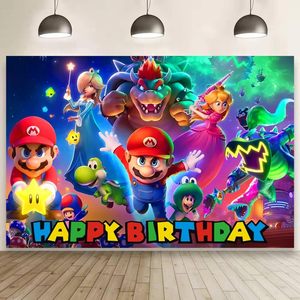 Fondo de fotografía de feliz cumpleaños, telón de fondo con temática de la película <span class=keywords><strong>Mario</strong></span> <span class=keywords><strong>Galaxy</strong></span>, decoración de pancarta para fiesta, cabina de fotos personalizable - Product Image 1