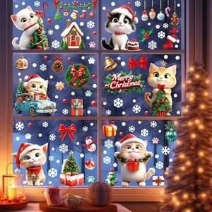 Juego de 9 Adhesivos Estáticos para Ventanas con Diseño de Gatos Navideños, con Lazos Rojos, Estrellas y Copos de Nieve, para Decoración Navideña de Vidrio - Product Image 3