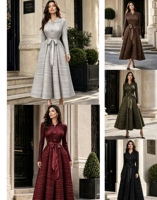 Gaun Maxi Ukuran Besar dengan Ruffle dan Lipit - Warna Solid, Kerah, Lengan Panjang, Model A-line, Gaun Elegan untuk Wanita