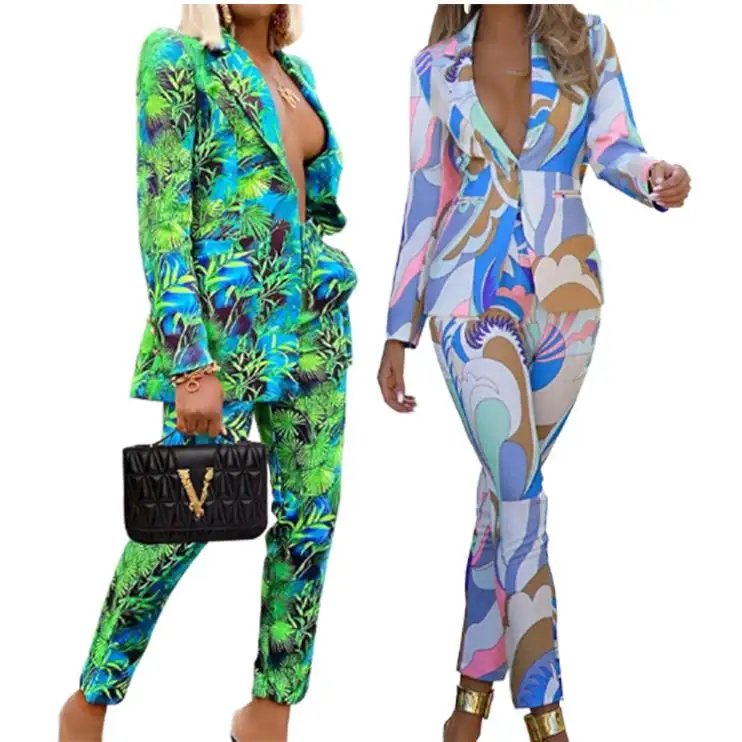 Womens Autumn Fashion suit 2021 Floral Printed and matching Long Pant Elegant Office Lady business Suit 2 Piece Set