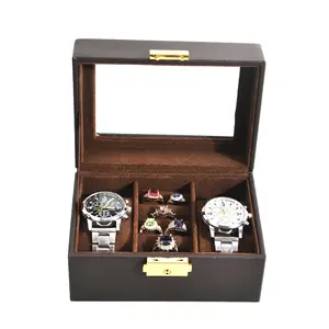 High Quality Wooden Cover Black PU Leather 2 Slot Watch Jewelry Packaging Gift Box Soft Velvet Inner With Glass Windows