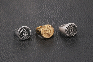 Custom logo Engraved Vintage Stainless Steel <b>Men</b> Skull <b>Rings</b> IP Silver <b>Black</b> Gold Skeleton Pirates Jewelry Heavy High Quality - Product Image 5