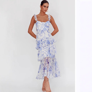 Vestido de Cóctel para Mujer, Estampado Floral, Cintura Imperio, Cuello Cuadrado, Vestido Midi Plisado de Varias Capas, Transpirable, a la Moda, para Primavera - Product Image 5
