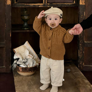 Cardigan en tricot acrylique de style coréen pour enfants, collection Printemps/Automne, <span class=keywords><strong>pull</strong></span> polyvalent à <span class=keywords><strong>col</strong></span> <span class=keywords><strong>rond</strong></span> de couleur unie pour bébé garçon - Product Image 1