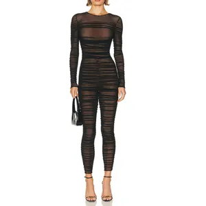 Oem Lange Mouw O-hals Allover Ruches Doorschijnende Mesh Catsuit Jumpsuit Vrouwen