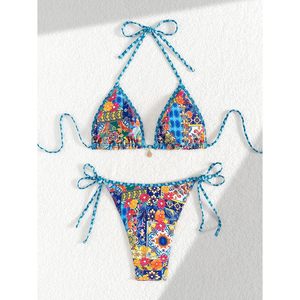 FOXA Women's 2 Piece Boho <b>Bikini</b> Set Triangle Thong Halter <b>String</b> Swimwear High Cut Cheeky Bathing Suit - Product Image 2