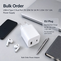 Adaptor Daya Profesional USB-A Tipe C Dual Port PD 20W 5V 3A 9V 2.25A 12V 1.8A Colokan EU untuk Pengisi Daya Kamera dan Speaker Telepon