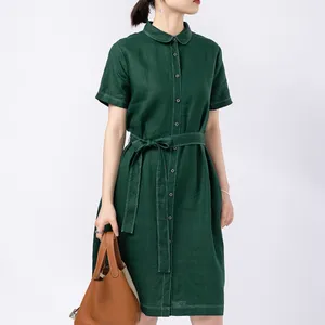 OEM Solid Loose Turn Down Collar Casual A-Line Summer Short Sleeve Button Tunic Custom Lady 100% Pure Linen Clothing Shirt Dress