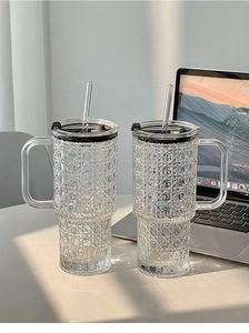 Bicchiere di vetro di grande capacità con manico e paglia portatile tazza di <span class=keywords><strong>caffè</strong></span> ghiacciato con coperchio per il succo di latte tè e bevande fredde - Product Image 6