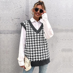 Pull-over à <span class=keywords><strong>pied</strong></span>-<span class=keywords><strong>de</strong></span>-<span class=keywords><strong>poule</strong></span> à carreaux, col en V, <span class=keywords><strong>sans</strong></span> manches, hauts femme, pull-over tricoté, gilet - Product Image 3