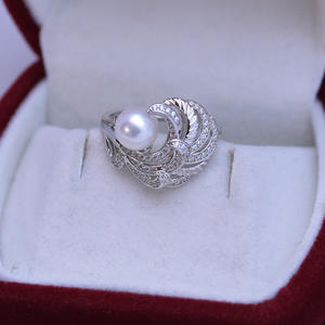 Anillo de Perlas Redondas Blancas de Agua Dulce y Agua Salada de 7-8 mm, con Luz Intensa, Casi Impecables, para Mujer, Plata S925, Pluma Elegante y Lujosa - Product Image 3