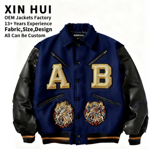 Custom Logo Embroidery <b>Winter</b> Long Dyed Varsity <b>Jacket</b> Navy Blue Canvas <b>Leather</b> Contrast Sleeve Streetwear Unisex Baseball - Product Image 1