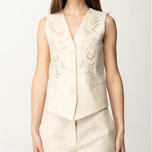 Conjunto de Dos Piezas de Verano para Mujer, Chaleco con Botones y Pantalones de Lino Bordados, Estilo Casual, Venta al Por Mayor - Product Image 3