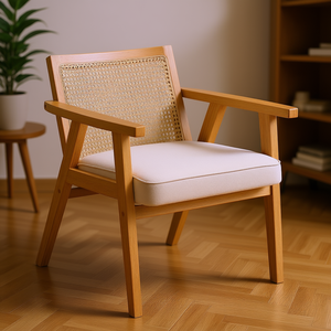 Poltrona Moderna Stile Mid-Century con Schienale in Rattan e Rivestimento in Velluto Beige per Soggiorno - Product Image 2