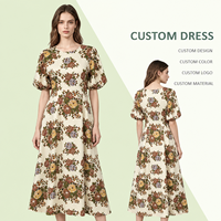 Robe midi vintage à imprimé floral pour femme, manches bouffantes, coupe trapèze, robe d'été décontractée, vêtements de mode en gros